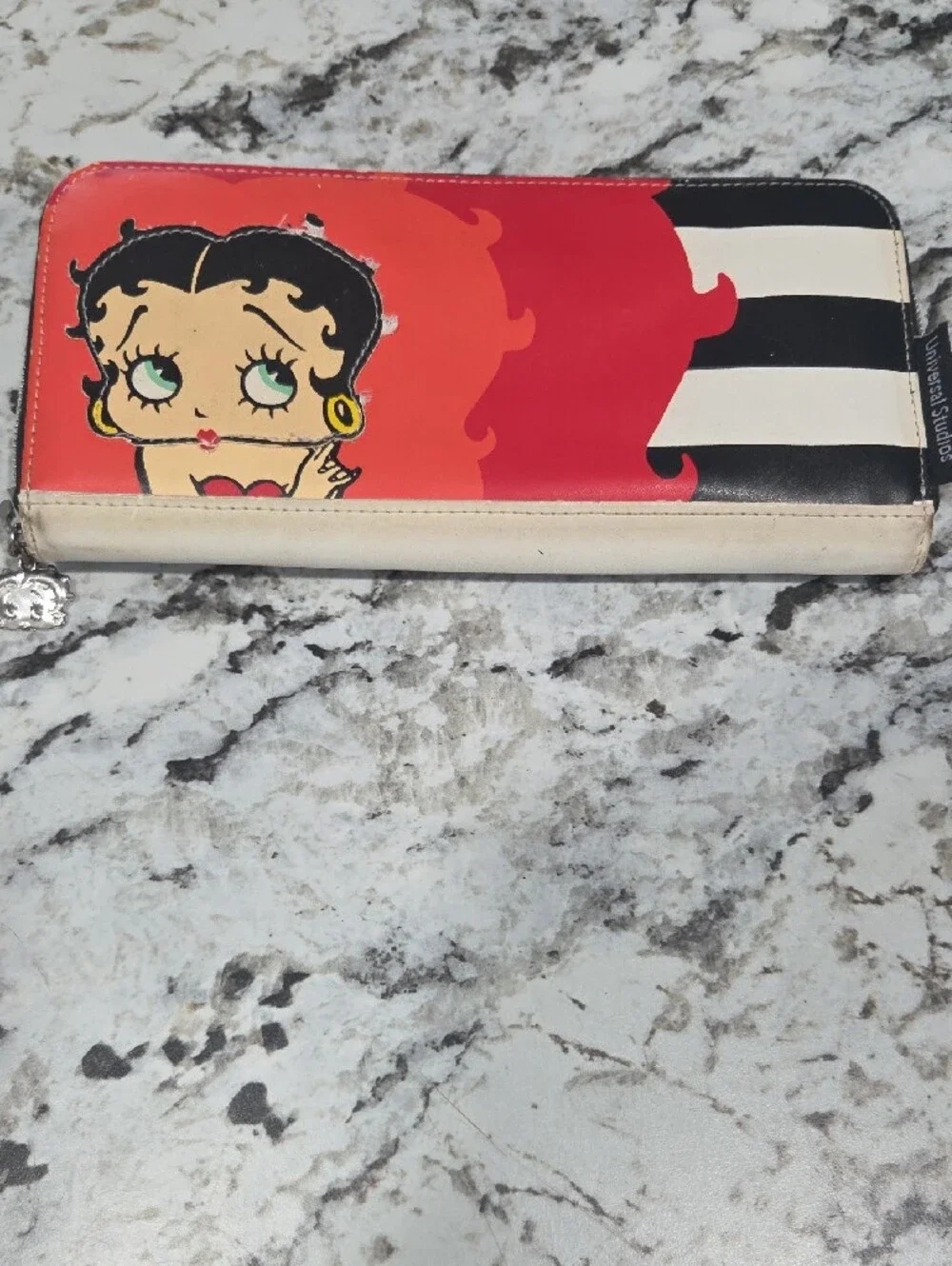 Betty Boop Red Wallet with Black & White Stripe Accents and Matching Keychain